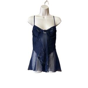 Vintage The Pleasure Company sz 1X Lingerie Teddy Bodysuit Lace Sheer NAVY E25
